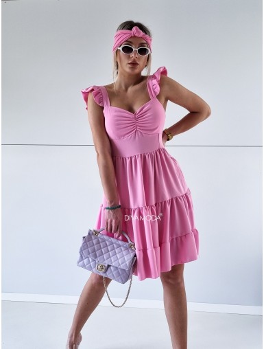 Prešívané šaty na ramená s volánmi Maja baby pink P 286