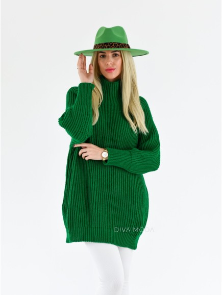 Vrúbkovaný sveter s puf rukávom zelený S 590