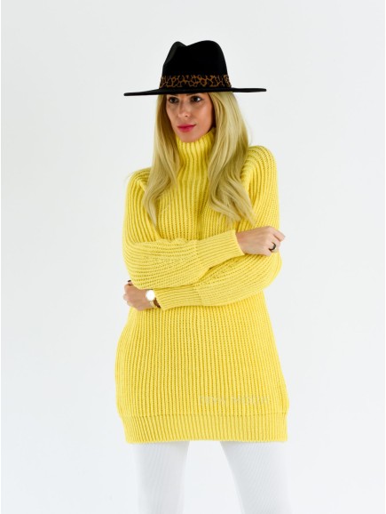 Vrúbkovaný sveter s puf rukávom žltý S 590