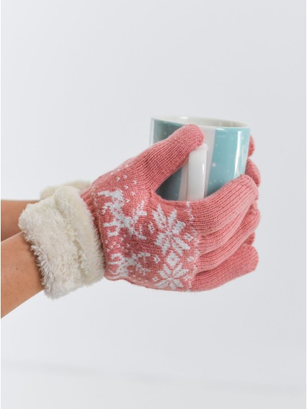 Pletené rukavice sobík s kožušinou ružové P 5