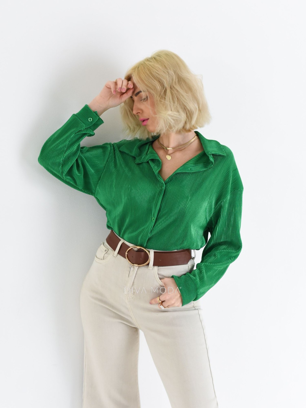 Saténová plisovaná košeľa zelená A 9