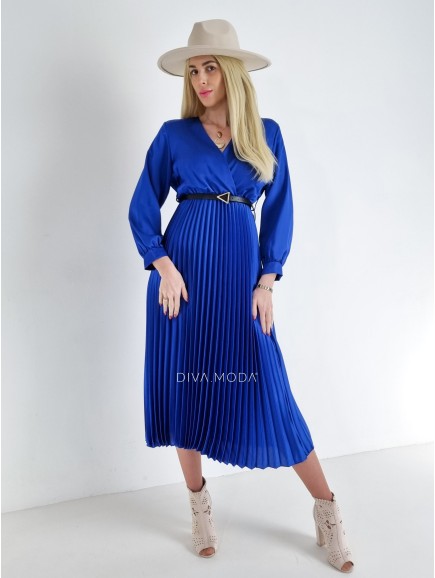 Saténové plisované šaty s opaskom modré S 499