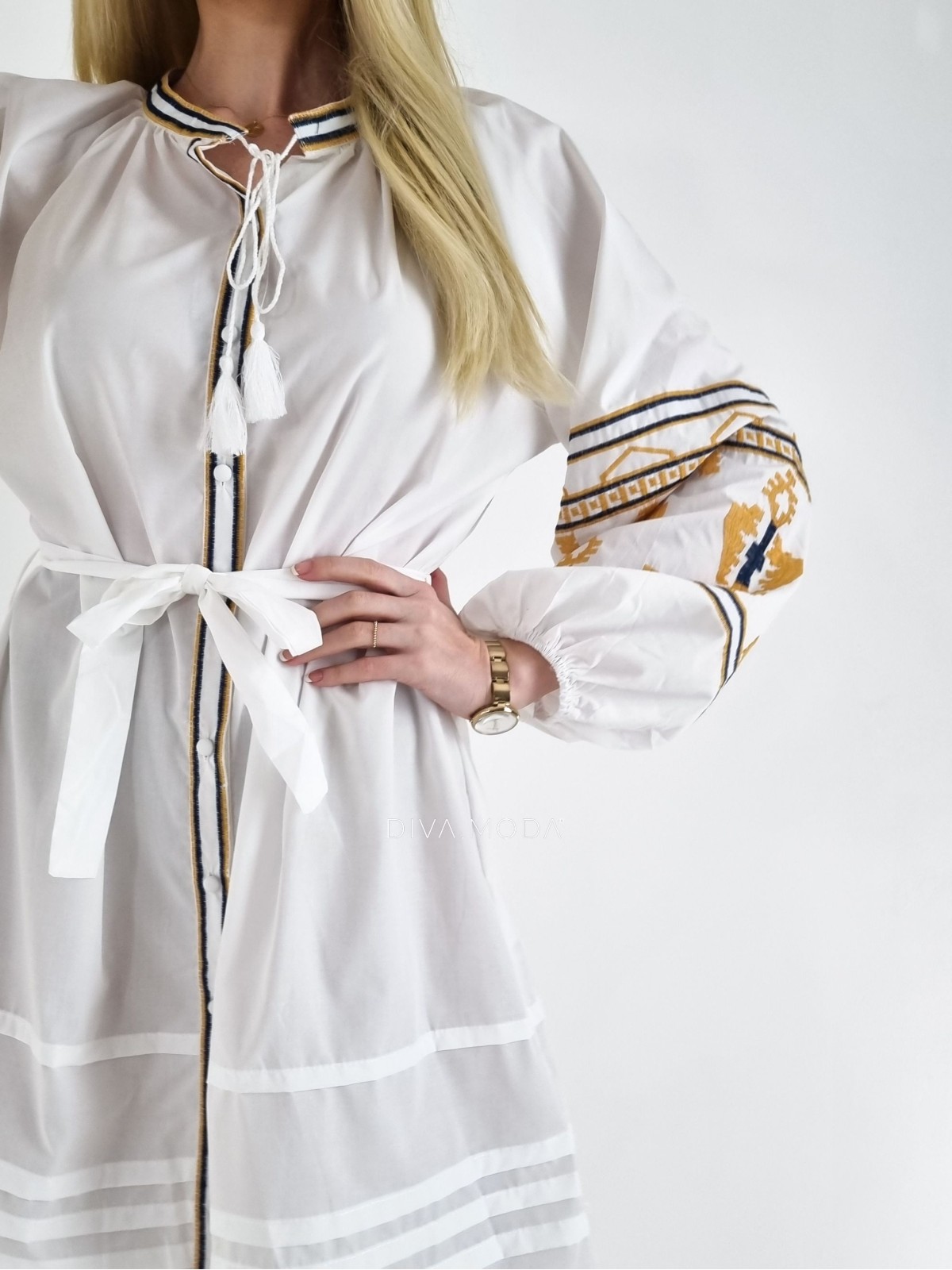 Šaty s puf rukávom Etno biele A 123
