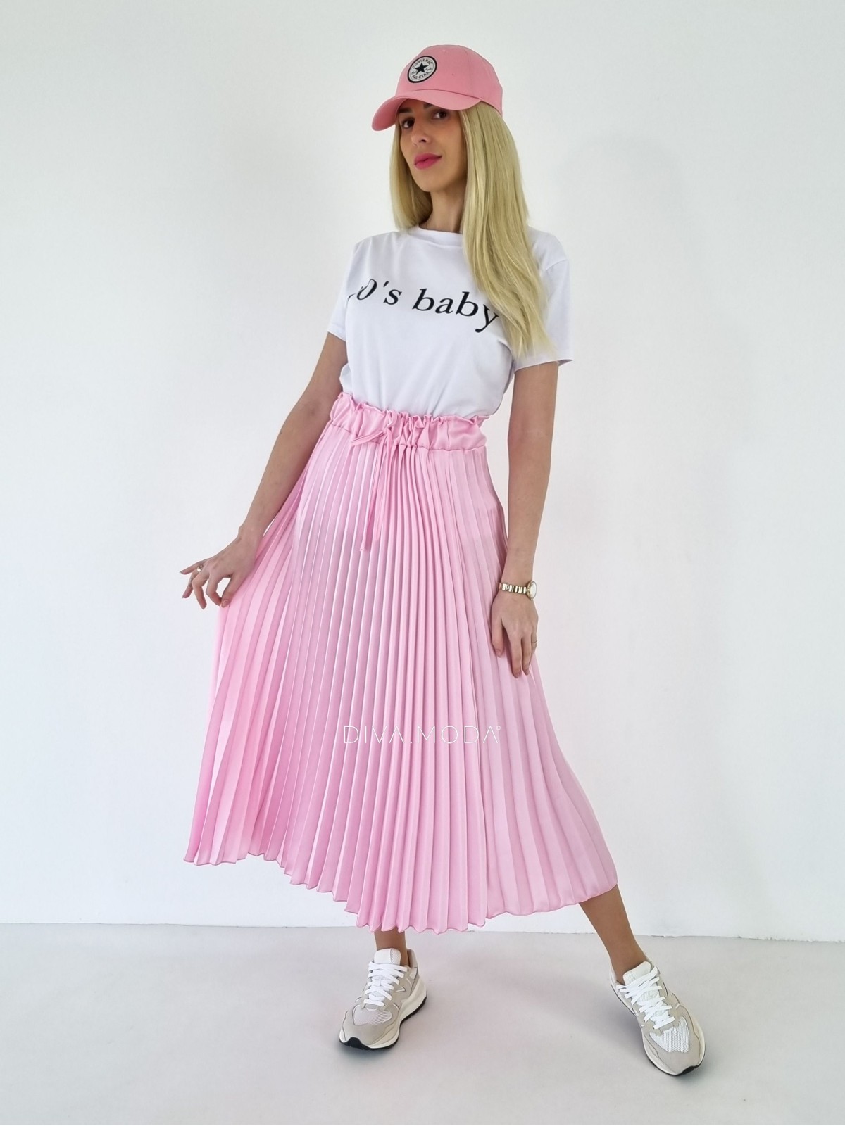 Maxi plisovaná sukňa so šnúrkou baby pink A 150