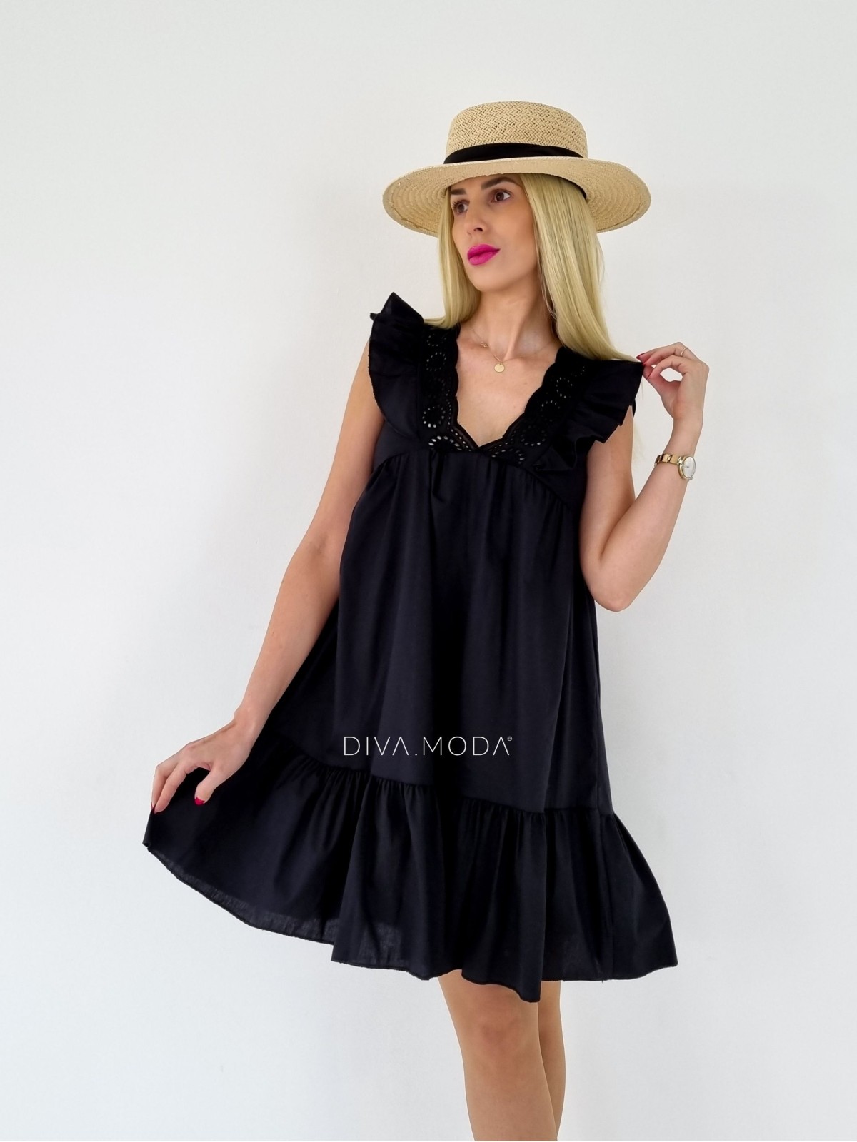 Letné šaty s dietovaným zdobením čierne S 69