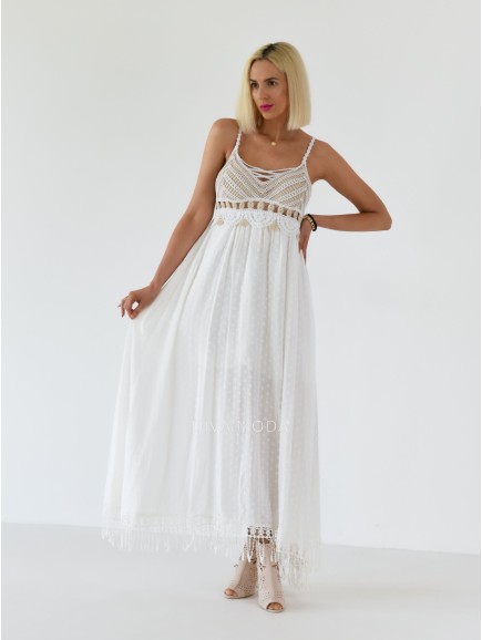 Letné maxi šaty s háčkovaným dekoltom Zuna biele A 252