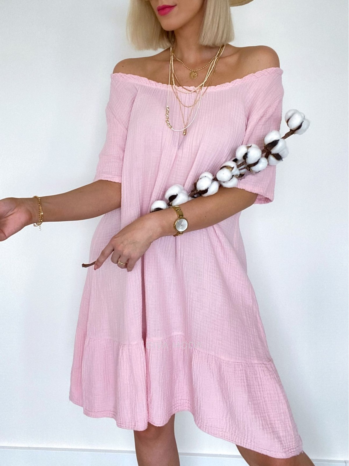 Bavlnené mušelínové šaty hispánky baby pink B 21