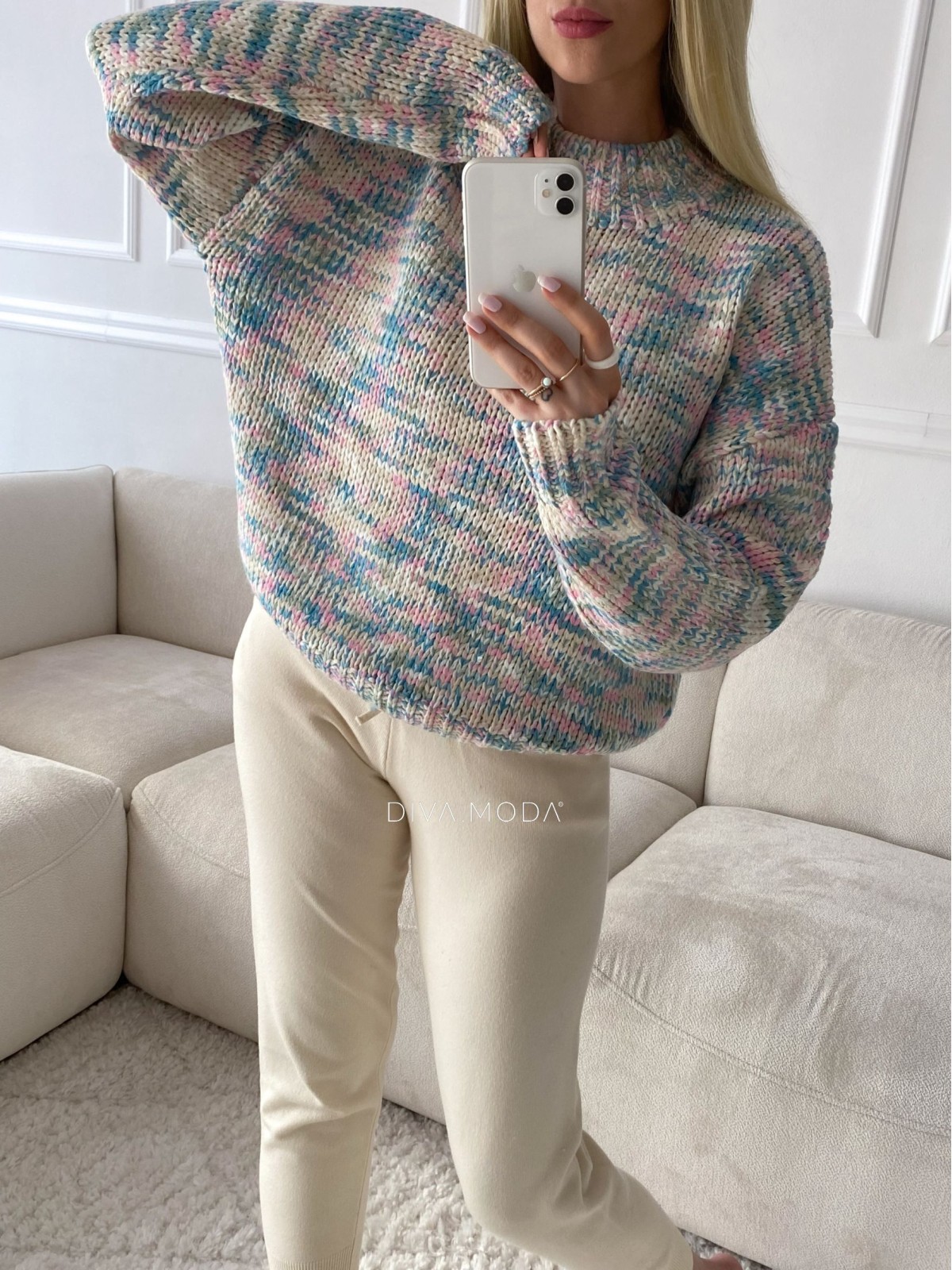 Pletený sveter melanž modro-ružový S 40