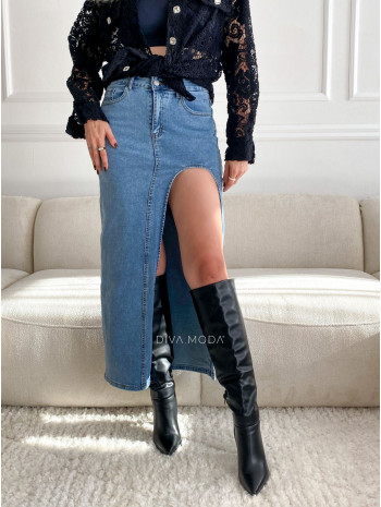 Riflová maxi sukňa s výkrojom modrá  S 3