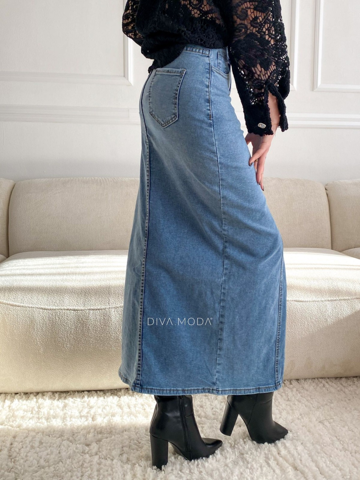 Riflová maxi sukňa s výkrojom modrá  S 3