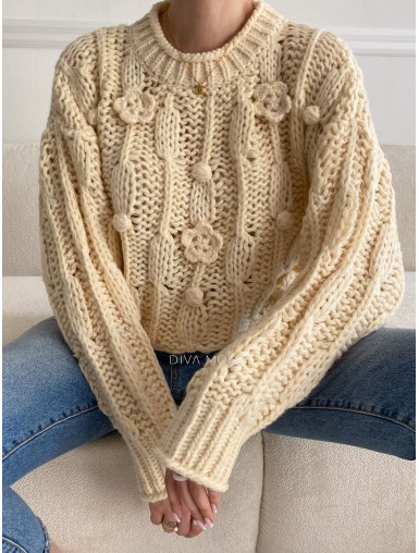 Pletený sveter s kvetinkami ecru-vanilla S 26