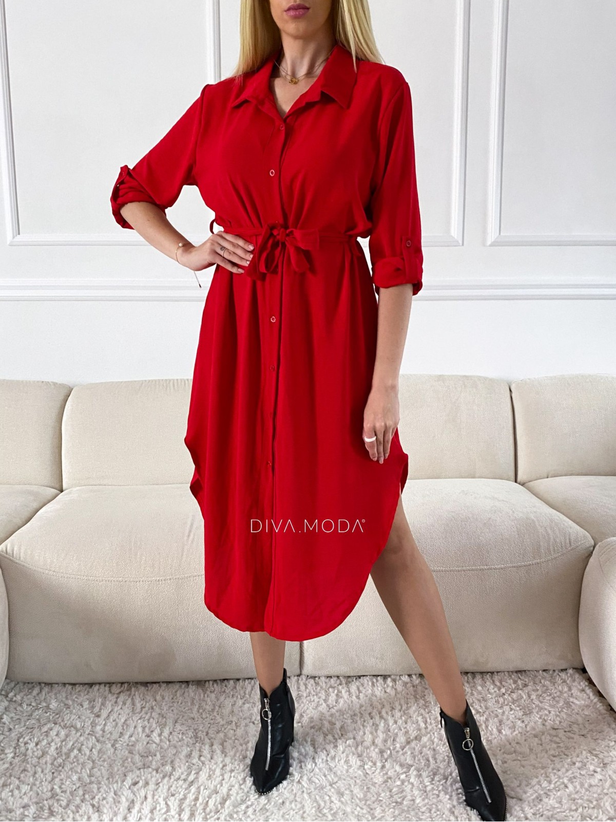Košeľové midi šaty s opaskom červené S 66