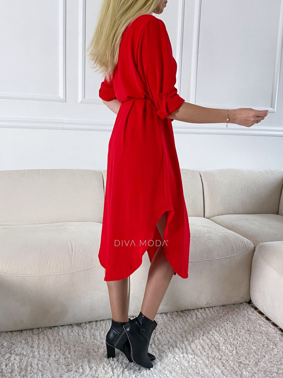 Košeľové midi šaty s opaskom červené S 66