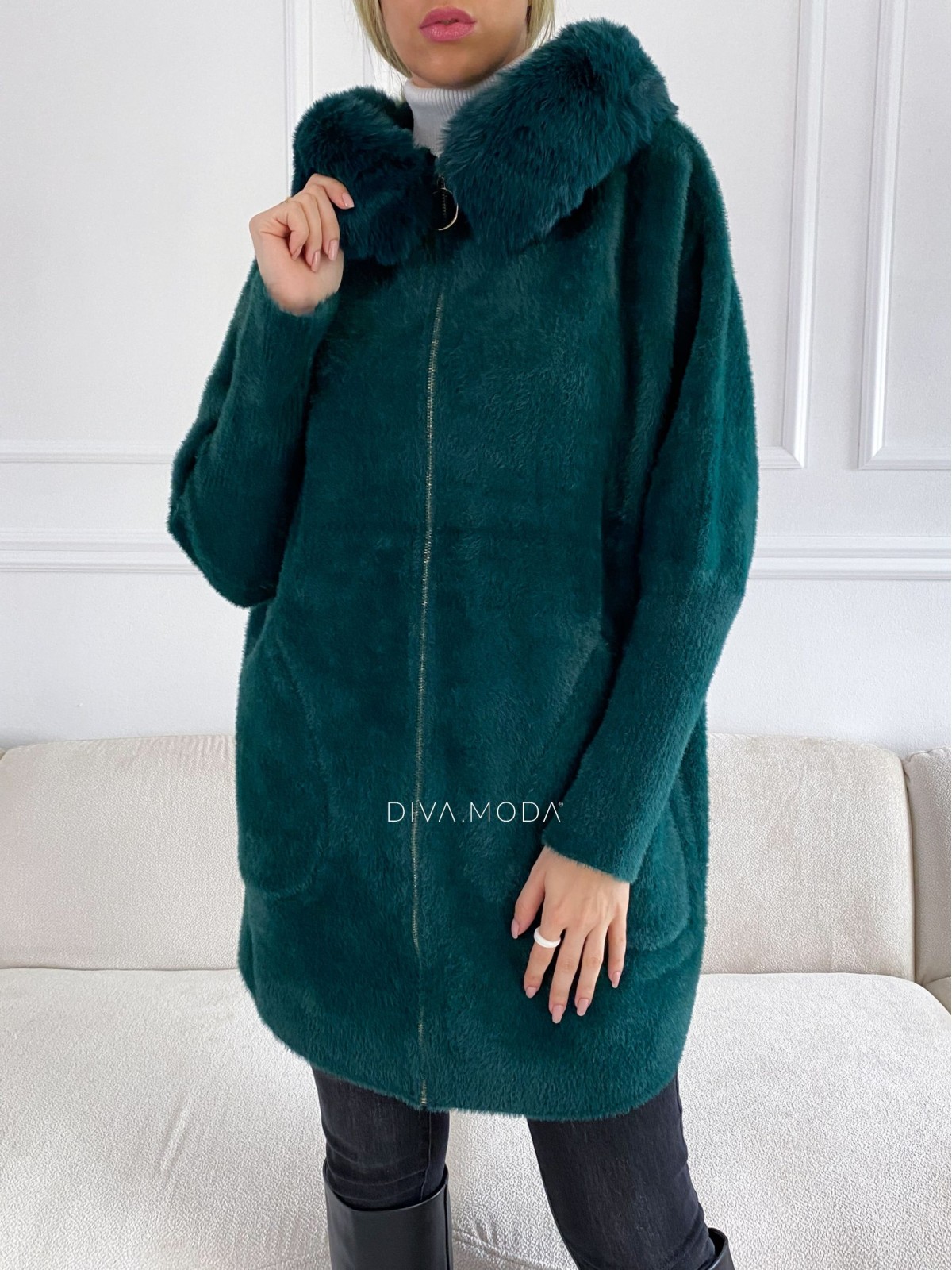 Alpaka kabátik s kožušinou zelený S 58
