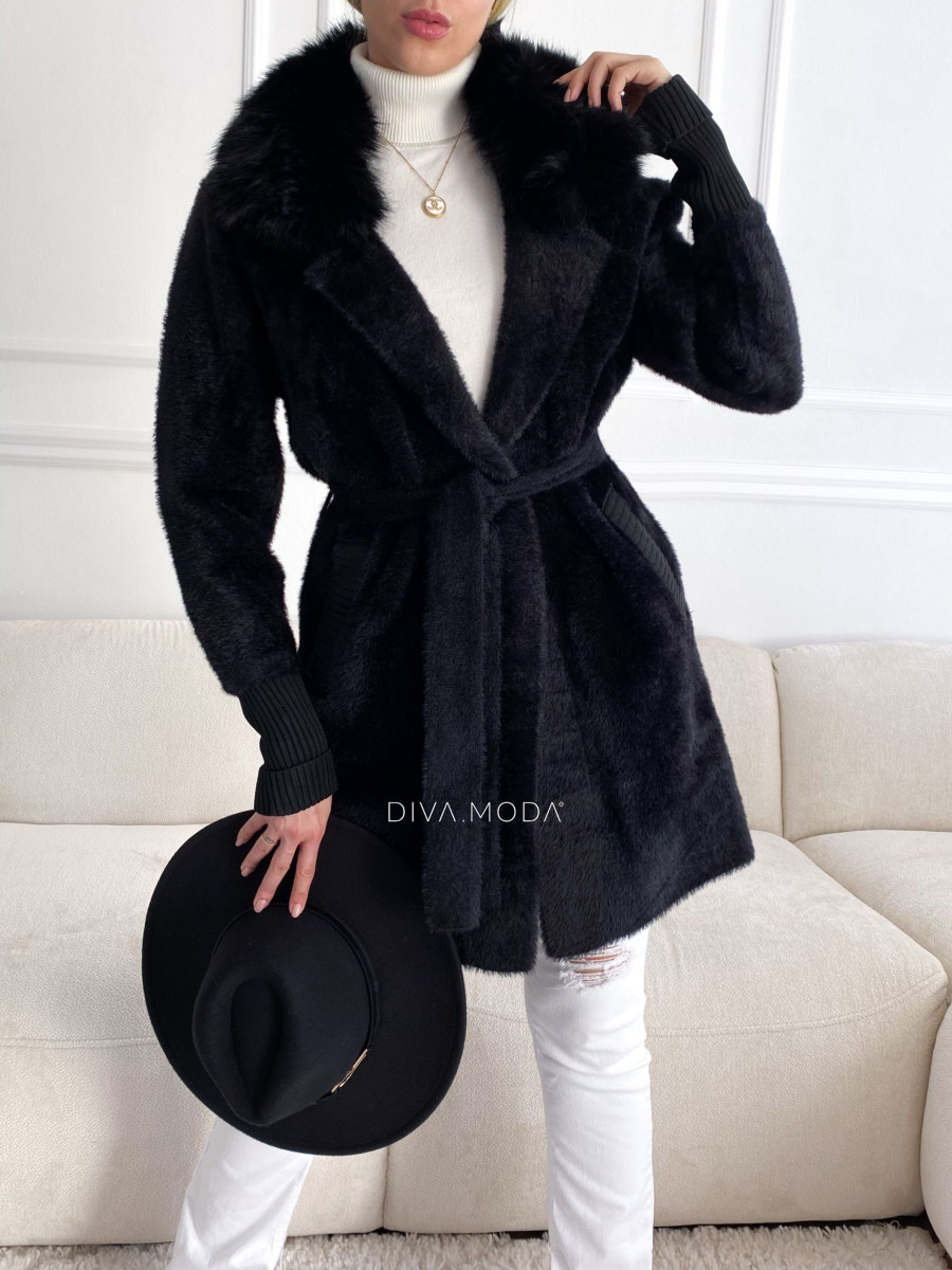 Alpaka kabát s kožušinou a opaskom čierny S 68