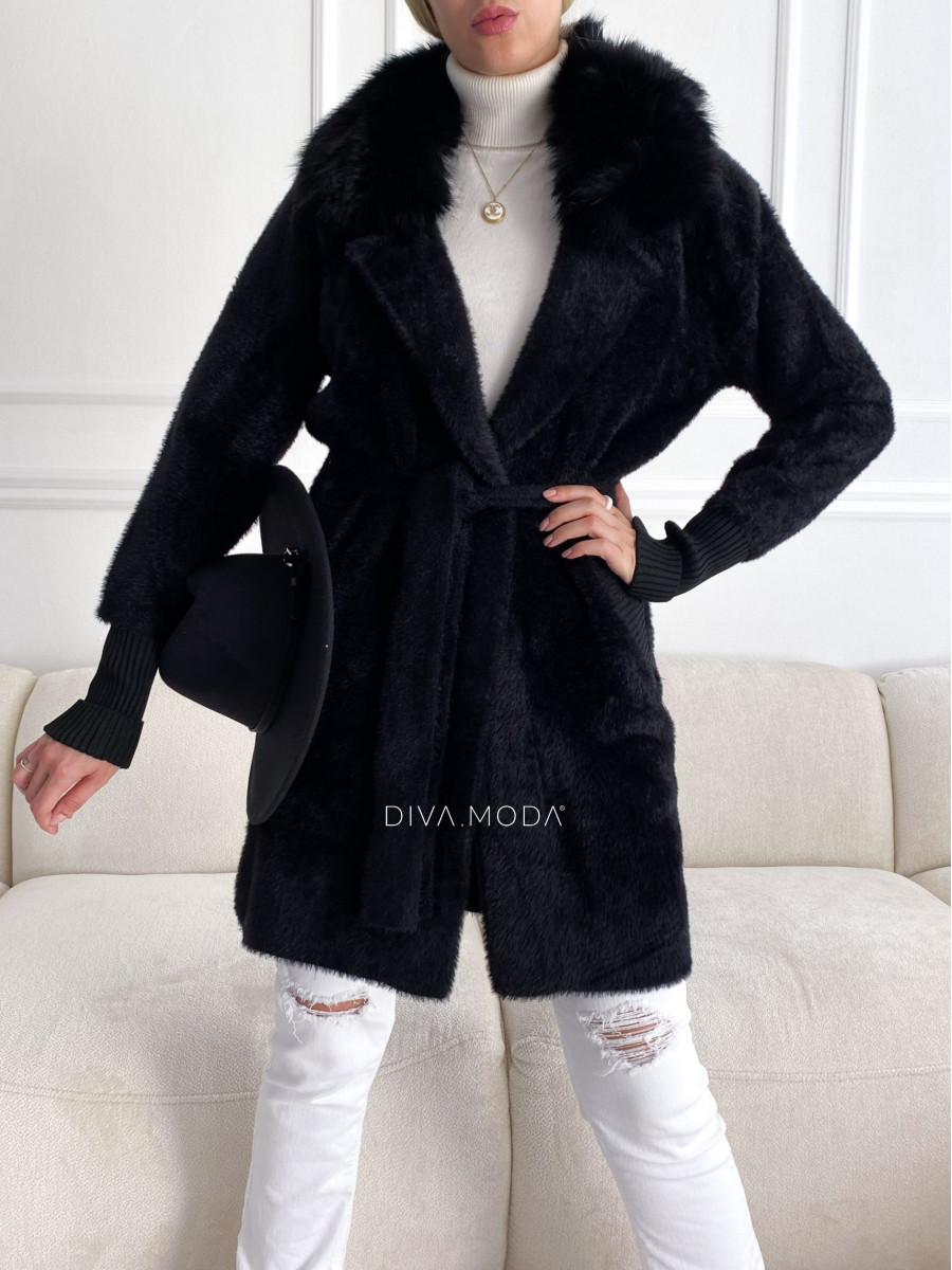 Alpaka kabát s kožušinou a opaskom čierny S 68