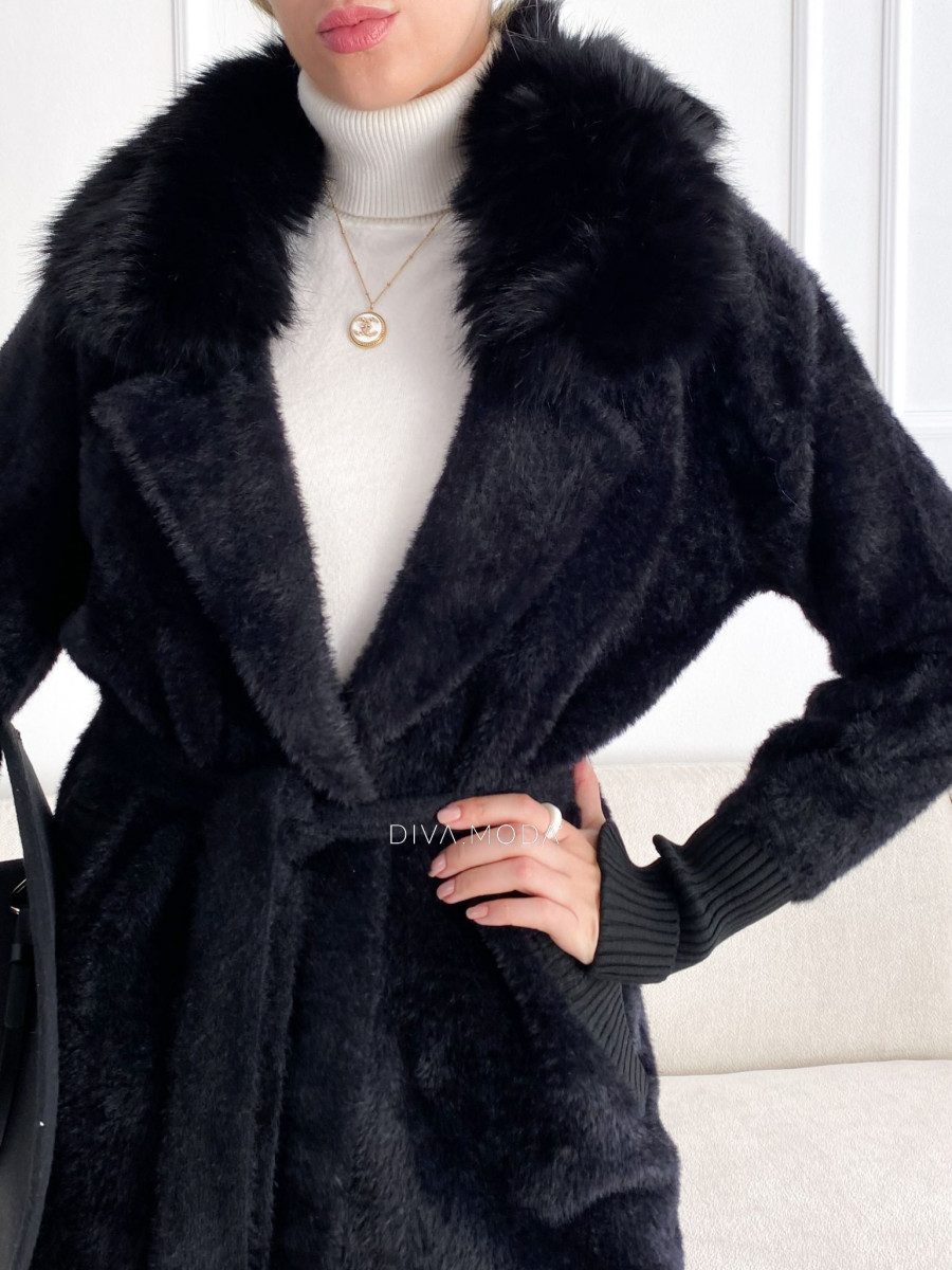 Alpaka kabát s kožušinou a opaskom čierny S 68