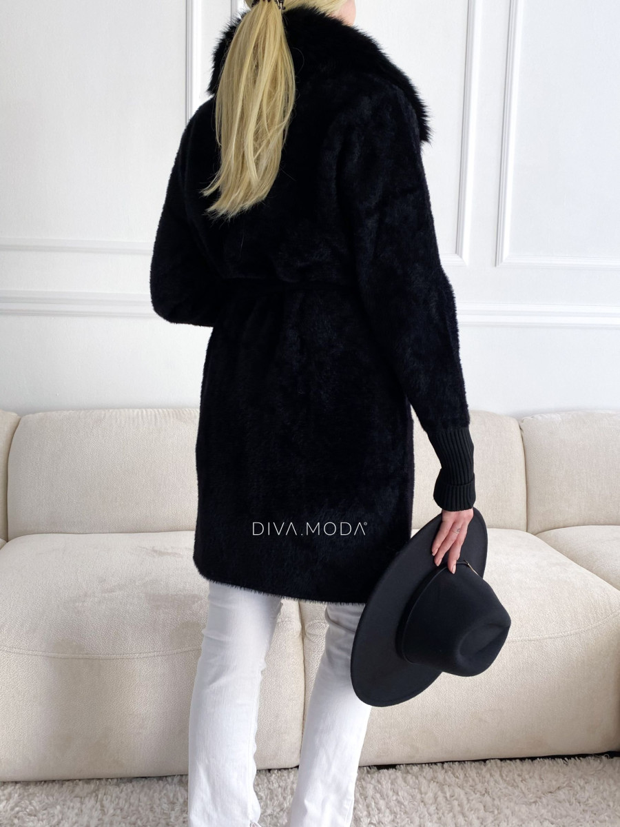 Alpaka kabát s kožušinou a opaskom čierny S 68