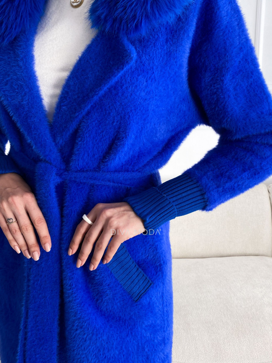 Alpaka kabát s kožušinou a opaskom kráľovská modrá S 68