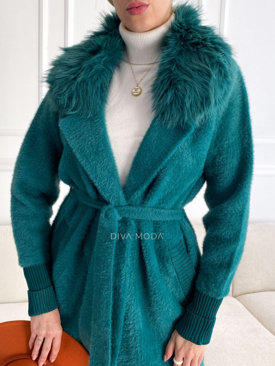 Alpaka kabát s kožušinou a opaskom prtrolejovo- smaragdový S 68