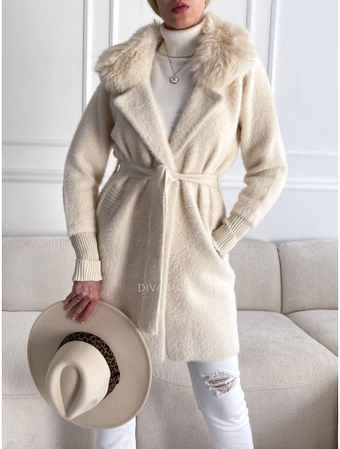 Alpaka kabát s kožušinou a opaskom milk S 68