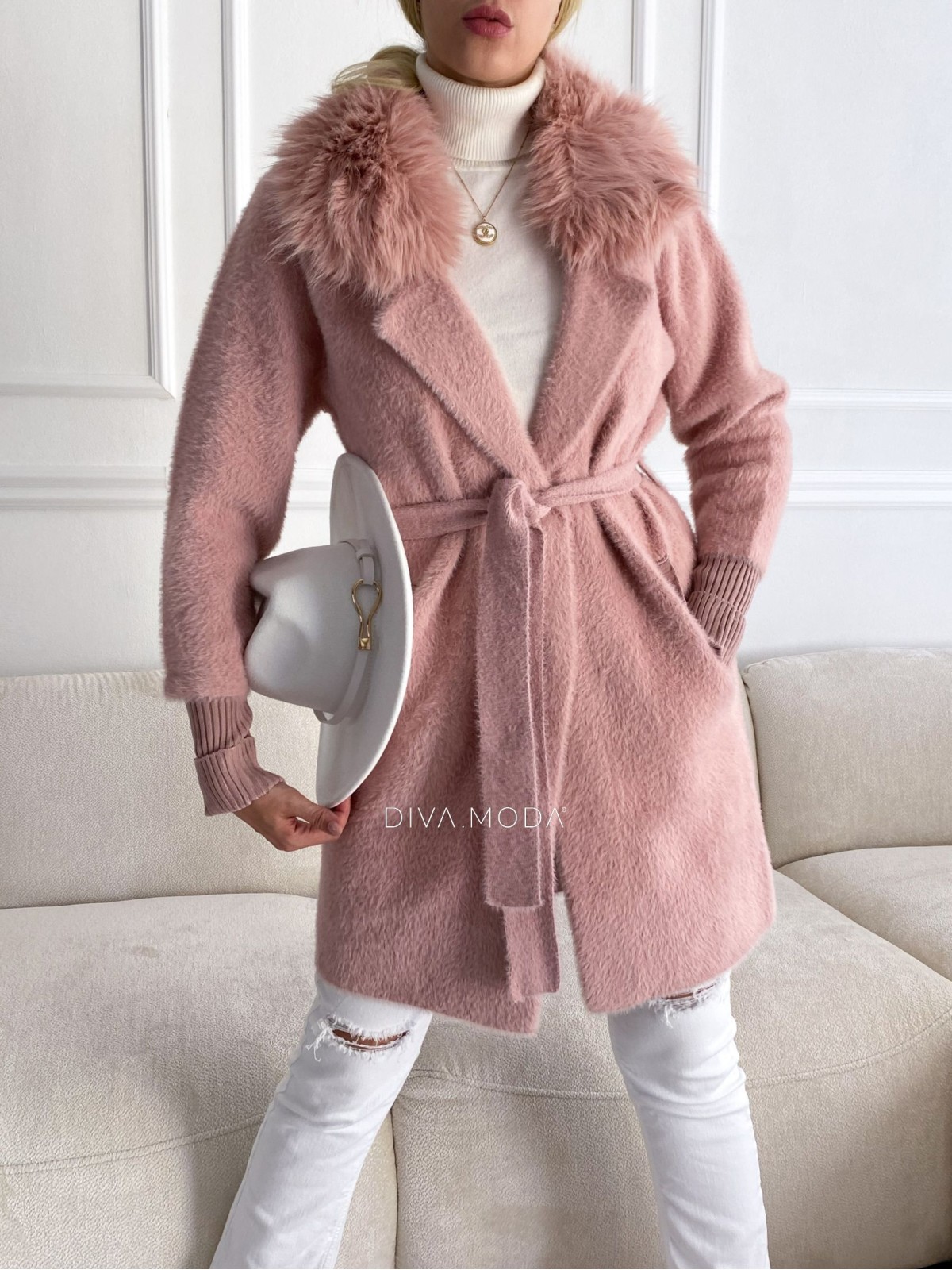Alpaka kabát s kožušinou a opaskom pudrovo ružový S 68