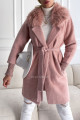 Alpaka kabát s kožušinou a opaskom pudrovo ružový S 68