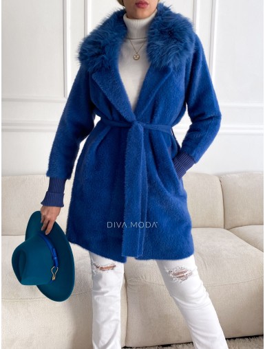 Alpaka kabát s kožušinou a opaskom oceľovo modrá S 68