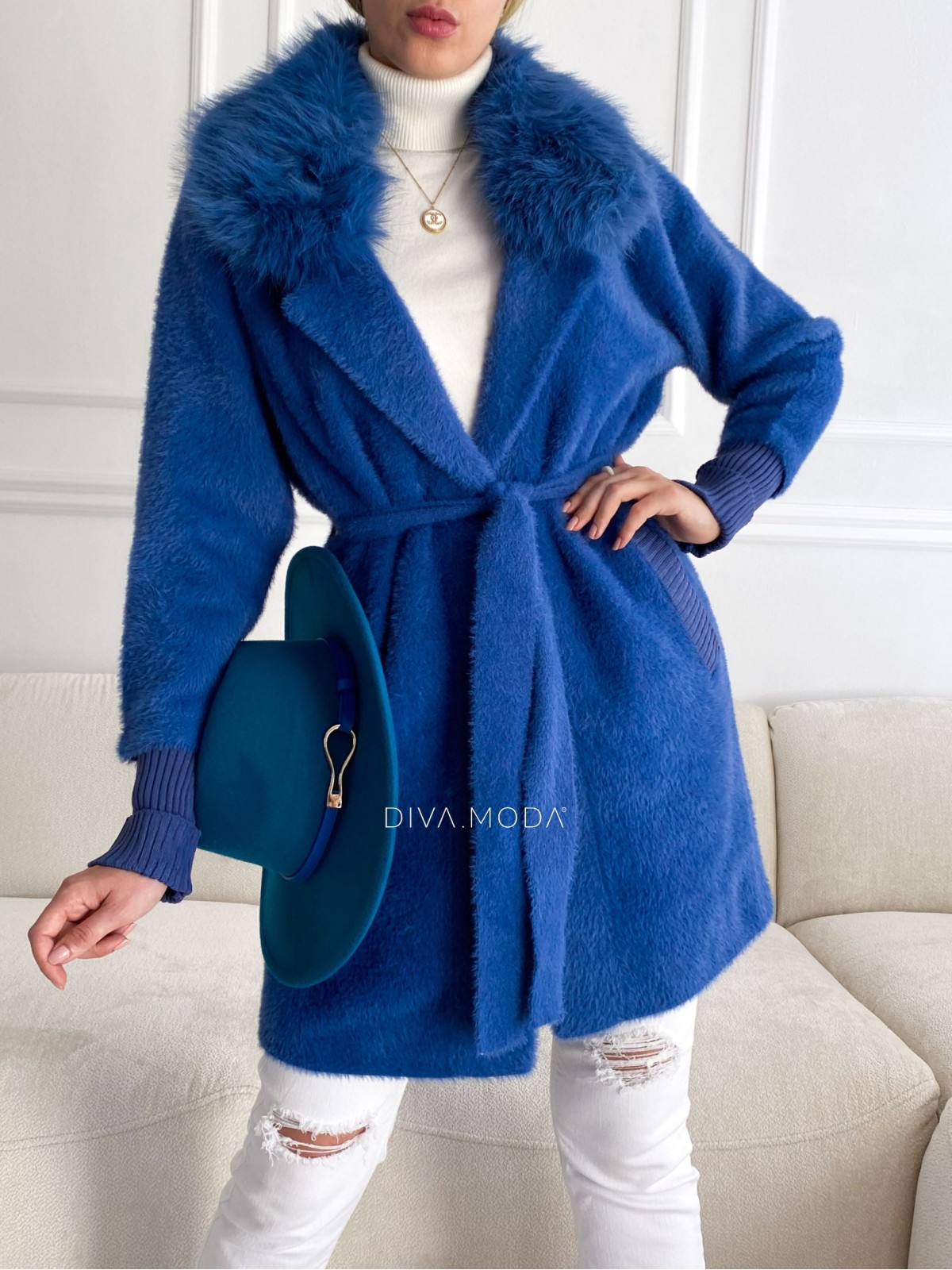 Alpaka kabát s kožušinou a opaskom oceľovo modrá S 68