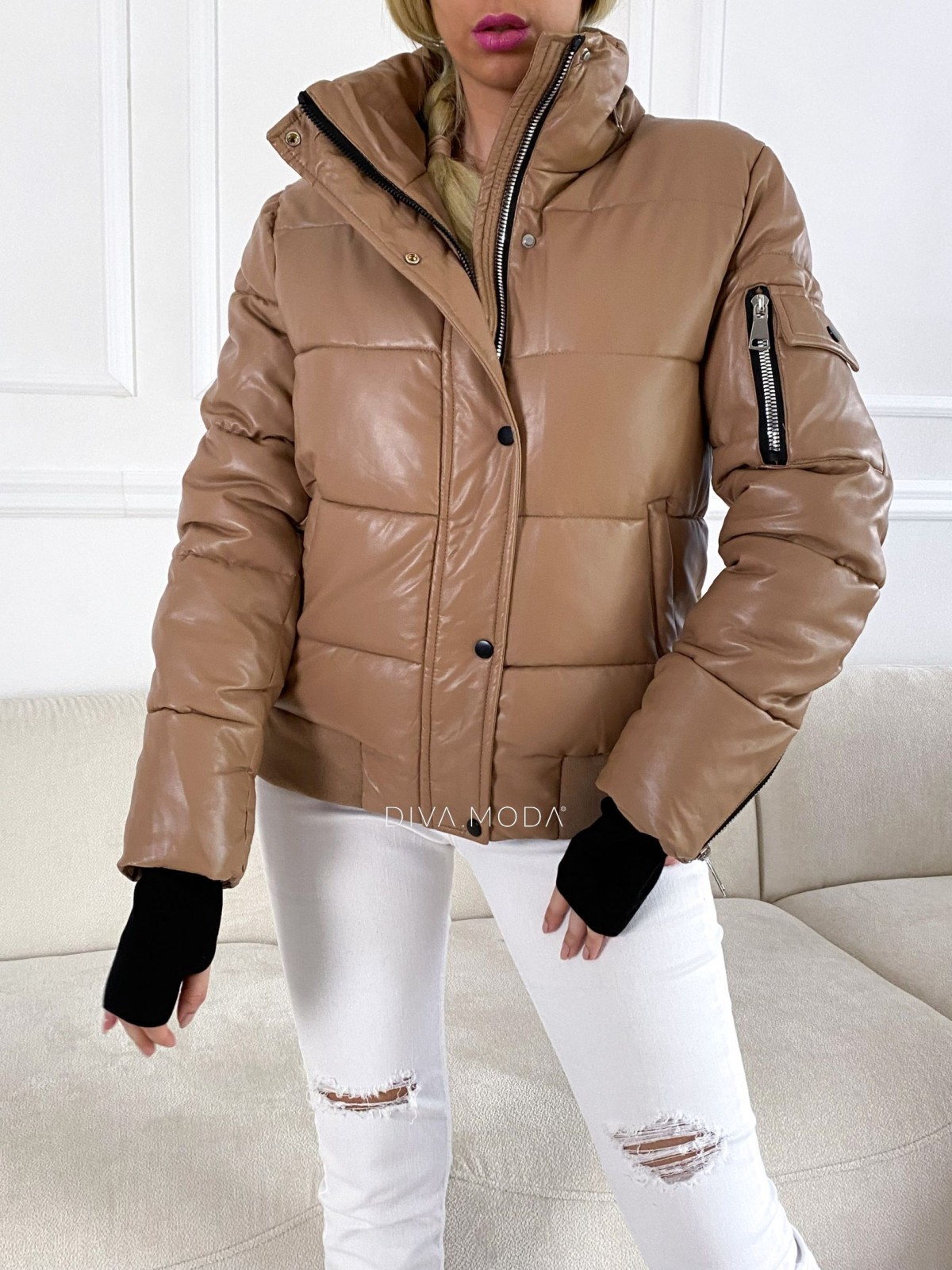 Koženková zimná bunda s patentami caramel latté S 84