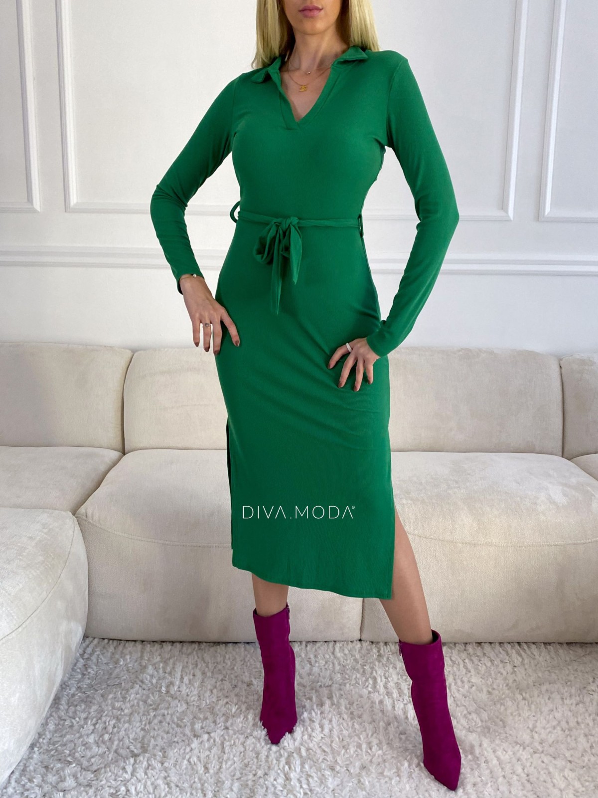 Rebrované midi šaty s golierom zelené S 97