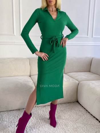 Rebrované midi šaty s golierom zelené S 97