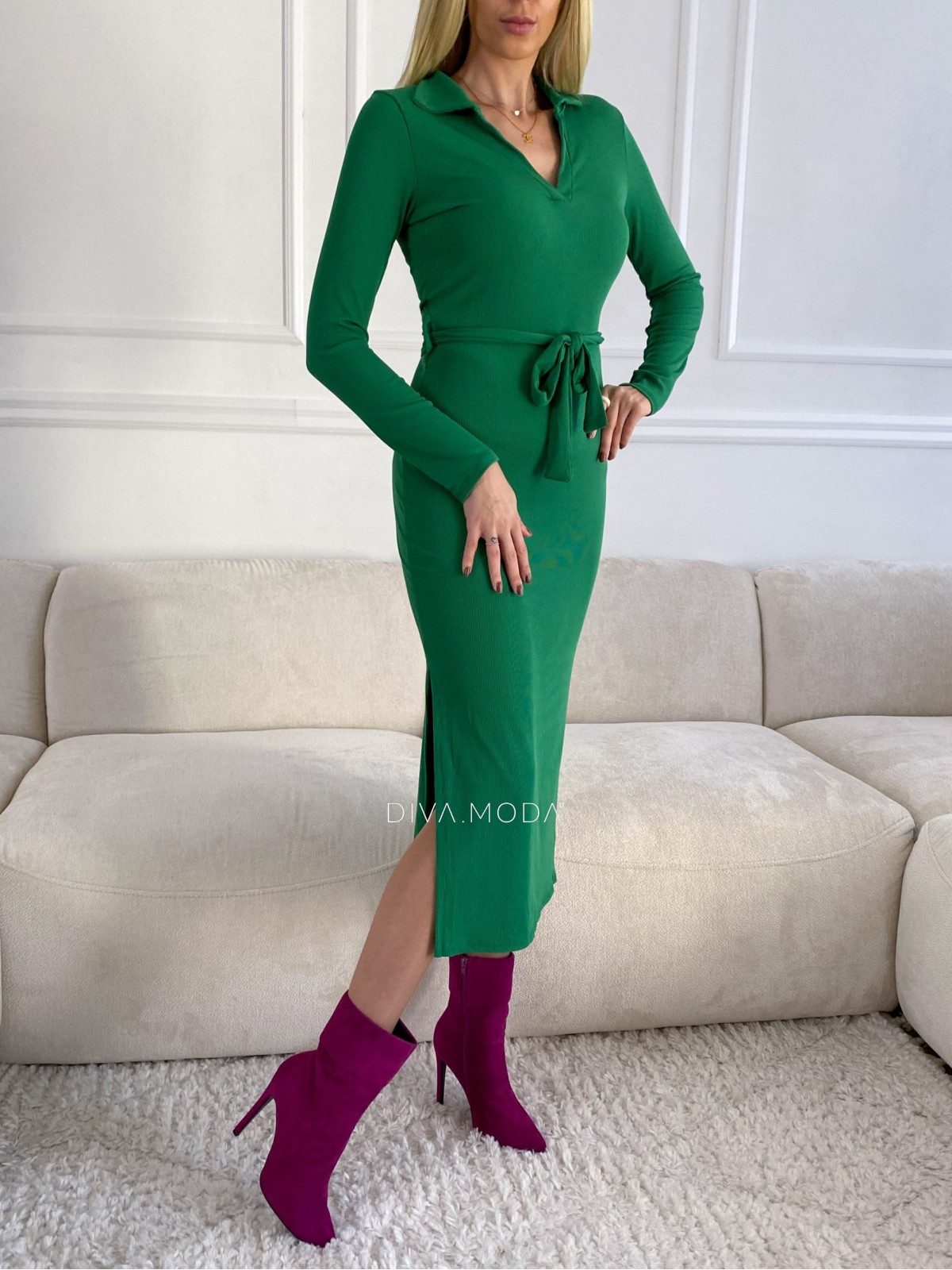 Rebrované midi šaty s golierom zelené S 97