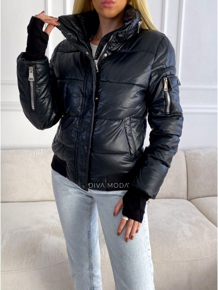 Koženková zimná bunda s patentami čierna S 84