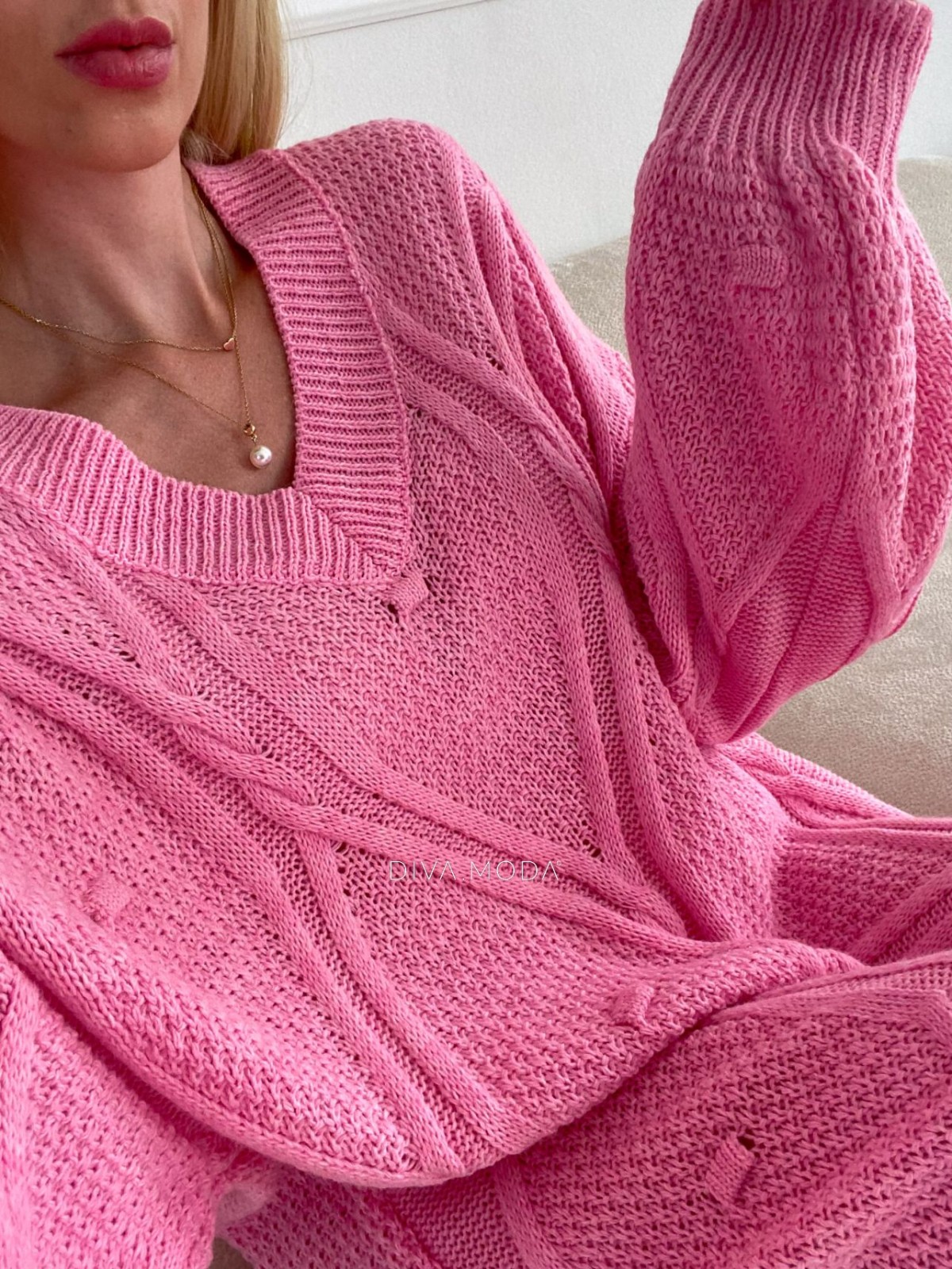 Maxi pletené štruktúrované šaty ružové S 110