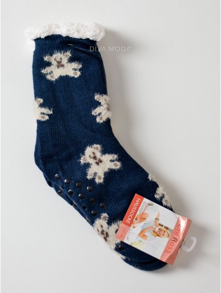 Hrubé protišmykové fluffy ponožky medvedíky tmavo modré M 19