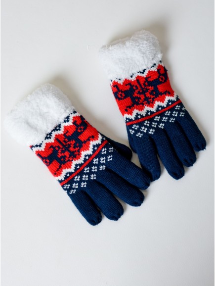 Pletené rukavice sobíky s bielou kožušinou tmavo modré M 14