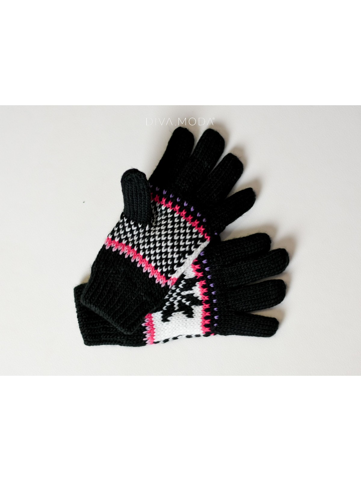 Pletené rukavice vločka čierno-ružové M 12
