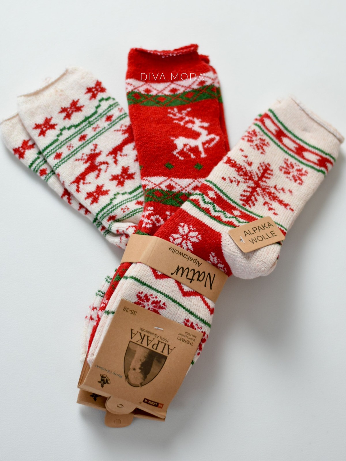 Trio vianočných nórskych ponožiek z alpaky 2 x ecru+červená M 18