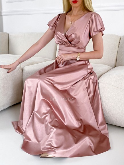 Spoločenské saténové maxi šaty Eli pudrovo ružové P 40