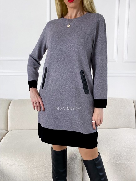 Úpletové šaty s koženkovou aplikáciou šedo/ čierna P 49