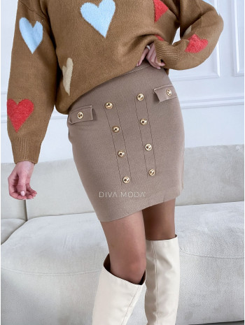 Úpletová sukňa so zlatými gombíkmi hnedá latté P 111