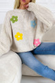 Pletený sveter s kvetmi béžový M 99
