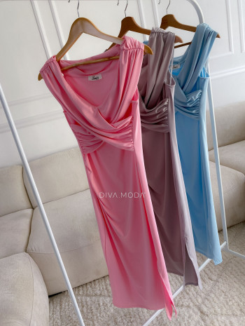 Prekrížené midi šaty bez rukávov baby pink M 136