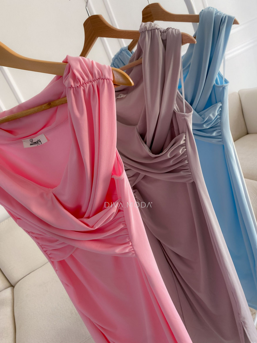 Prekrížené midi šaty bez rukávov baby pink M 136
