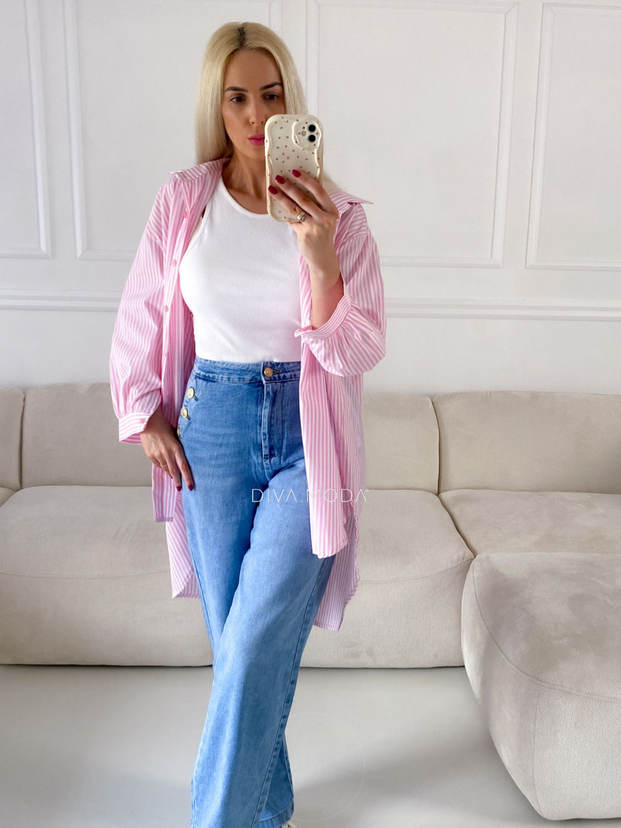 Oversize predĺžená pruhovaná košeľa ružová M 159