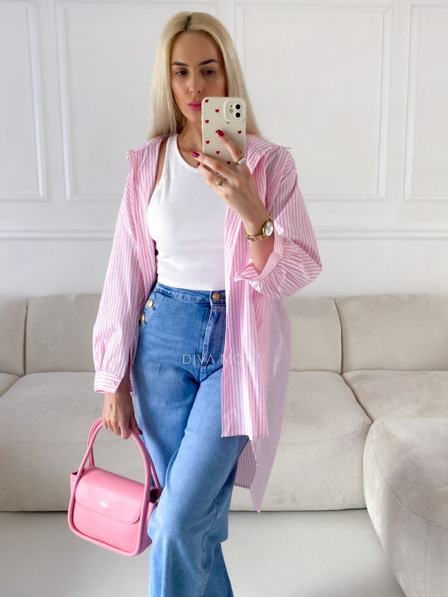 Oversize predĺžená pruhovaná košeľa ružová M 159