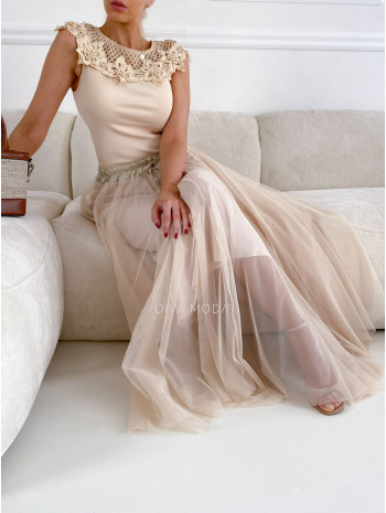 Tylová maxi sukňa so stuhou v páse béžová M 157