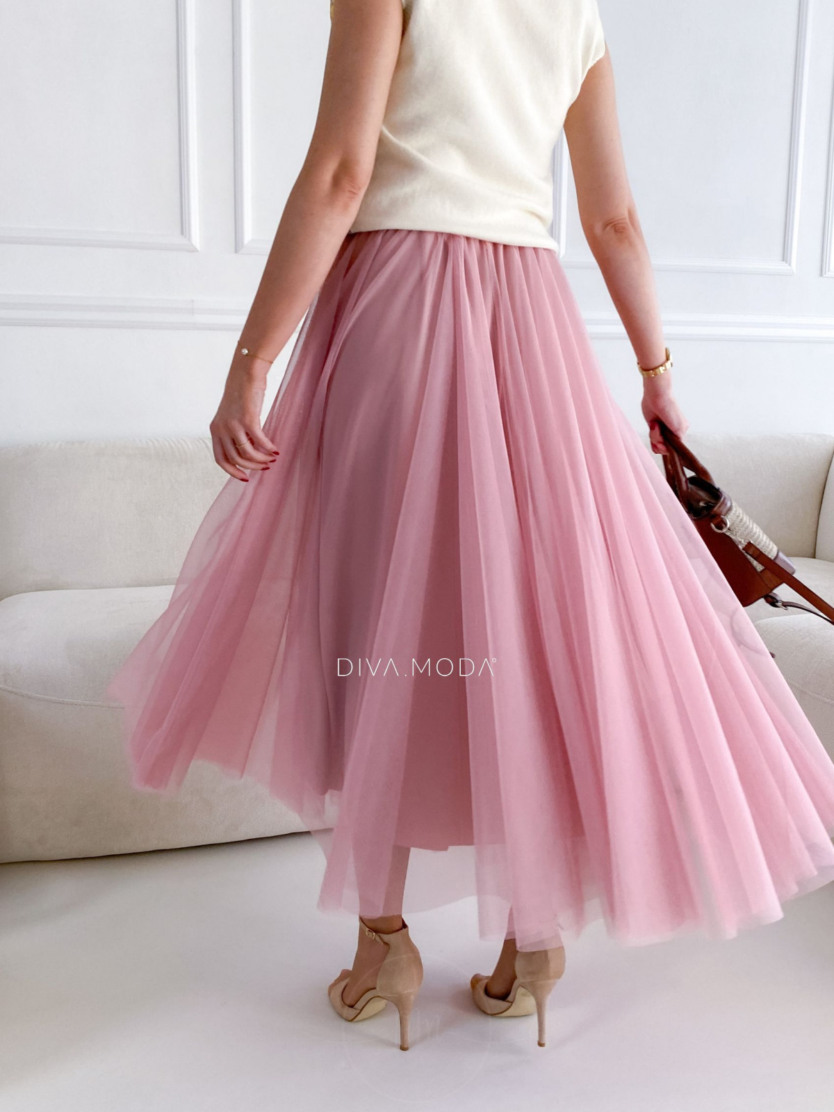 Tylová maxi sukňa so stuhou v páse ružová M 157
