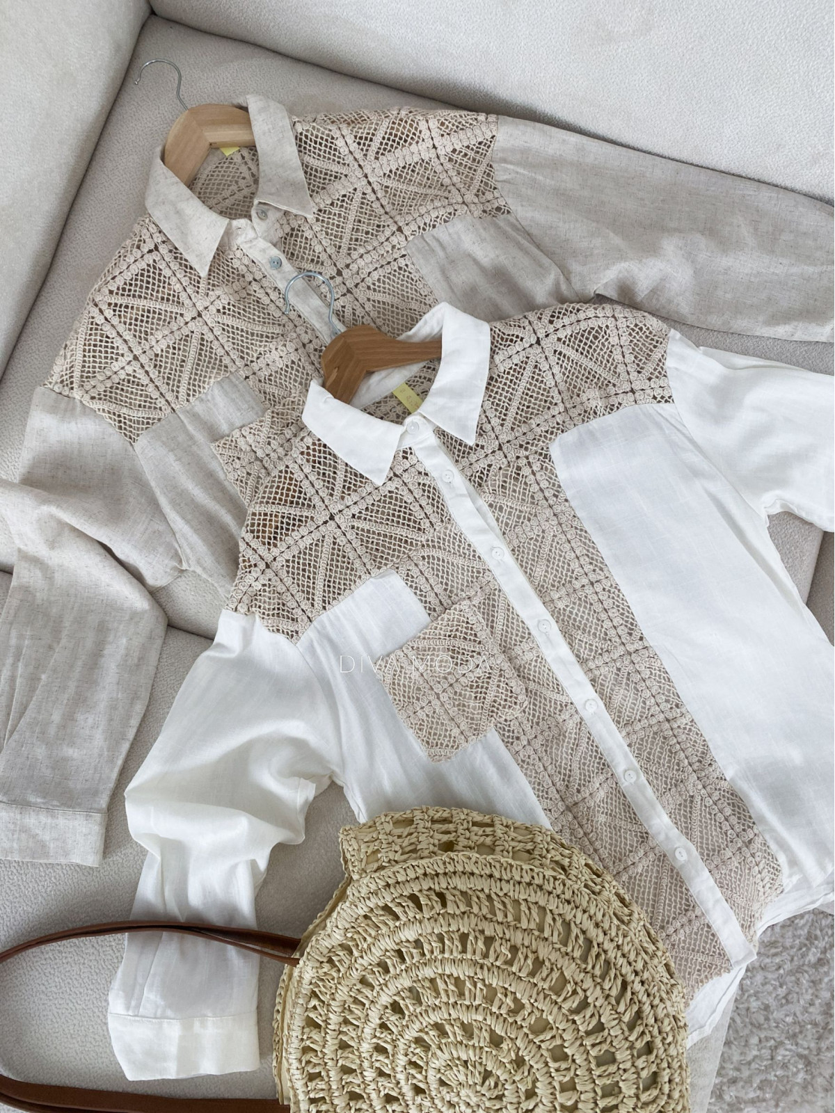 Oversize bavlnená košeľa s háčkovanou aplikáciou Bielo/béžová M 169